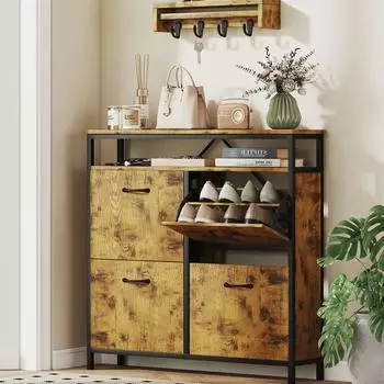 HomCom Schuhschrank mit 4 Klappen, schmal, verstellbarer Trennwand, rustikal braun (837-599V90RB)