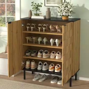 MODFU Mosaik-Schuhschrank 2-t&uuml;rig, Holzoptik, Metallf&uuml;&szlig;e, 80x91,5x35cm