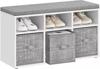 Vasagle Custos Schuhbank mit Sitzfl&auml;che, 6 F&auml;cher, 3 Ablagen, wei&szlig;-grau