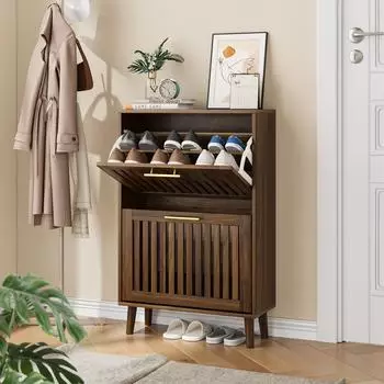 OKWISH Schuhschrank 2 Klappen, verstellbare Einlegeb&ouml;den, walnussfarben, 60x93x24cm