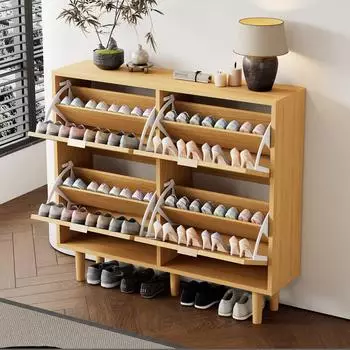 Stilvora Schuhschrank mit 4 Klappschubladen, Rattan, Eiche, 100&times;25&times;90cm (QTEV7MLY0BL)