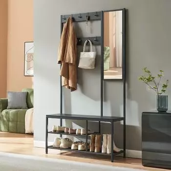 en.casa Napinerg Garderobenst&auml;nder mit Spiegel, Schuhregal & Sitzbank, 185x98x34cm, schwarz
