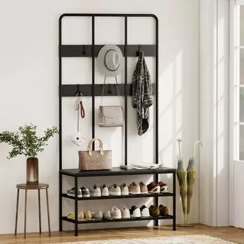 HomCom 3-in-1 Garderobenständer mit Sitzbank und Schuhregal, schwarz, Metall (837-620V00BK)