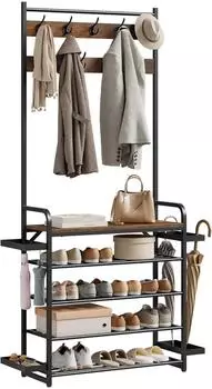 Woltu Garderobenständer mit Schuhregal, 9 Doppelhaken, 80x190x30cm, rustikales Braun+Schwarz