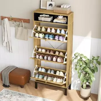 OKWISH Schuhschrank mit 3 Klappt&uuml;ren und offenen F&auml;chern, MDF, natur, 63x24x147cm