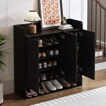Stilvora Schuhschrank mit Ganzk&ouml;rperspiegel, schwarz, 6 F&auml;cher, 110x110x35,5cm