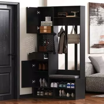 Stilvora Garderoben-Set mit Sitzbank, 4 Haken, T&uuml;ren und 2 Schubladen, MDF, schwarz, 100&times;35&times;180cm (QTEY437VZ0C)
