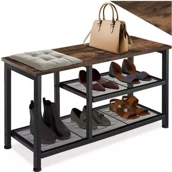 TecTake Schuhregal Taunton mit Sitzfl&auml;che, Holz/Metall, Industrial, 80x30x45,5cm (404281)