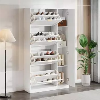 Stilvora Schuhschrank mit Spiegel, 4 Klappf&auml;cher, wei&szlig;, 80&times;24&times;147cm (KABT6ZUD8Y1E)