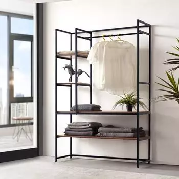 en.casa Horgau Kleiderst&auml;nder mit Kleiderstange, 3 F&auml;chern, MDF/Metall, 180x120x40cm, walnuss/schwarz