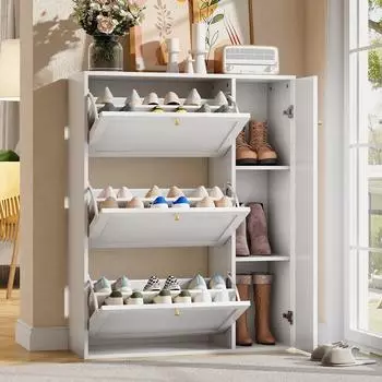 MODFU Schuhschrank mit 3 Klappt&uuml;ren, wei&szlig;, 90x114x25cm (MDF/Spanplatte)