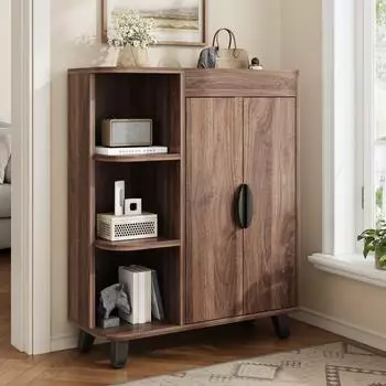 Stilvora Schuhschrank mit Doppelt&uuml;ren und offenen F&auml;chern, Holzoptik, 80x99x32cm