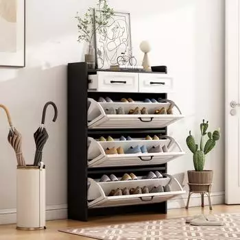 Stilvora Schuhschrank 3 Kippsicherungen 2 Schubladen, schwarz, 80&times;23,5&times;131cm (QTEZVZ3Q4TC12520)