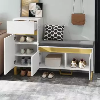 Stilvora Schuhschrank mit Sitzkissen, Schublade und T&uuml;ren, wei&szlig;, 120x35x85cm (QTEO4N0UCICBYVE)