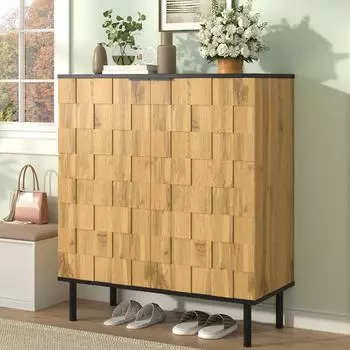 OKWISH Schuhschrank 2 T&uuml;ren, Holzoptik, Metallf&uuml;&szlig;e, 80x91x35cm
