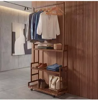 MCW Standgarderobe Q33 Bambus, Stange 3 Ablagen Rollen, 175x93x38cm, braun (MCW-Q33)