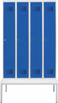 STIER Garderobenspind Premium mit Sitzbankuntergestell, 4 Abteile, Drehriegel, lichtgrau/enzianblau (906109)