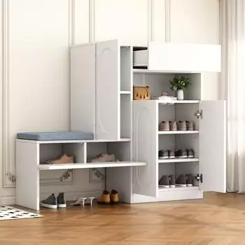 Stilvora Schuhschrank mit Sitzbank, Klappt&uuml;r, Soft-Close, h&ouml;henverstellbar, wei&szlig;, 130&times;35&times;110cm (QTEVQHG416LA25H0)