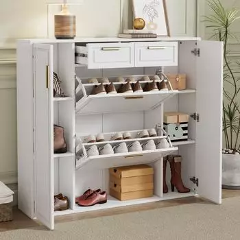 Stilvora Schuhschrank wei&szlig;, 2 Schubladen, Klappf&auml;cher, 120x107,5x24cm (KABZR4OP7WX8YWK)