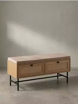 KADIMA DESIGN Schuhbank mit Stoff-Sitzfläche, Eiche-Dekor, 100x48x38cm, 2 Schubladen