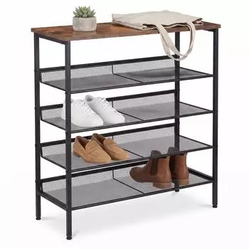 Relaxdays Schuhregal 5 Ablagen, Metall/Holzwerkstoff, schwarz, 75x81x30cm (10053785_8208)