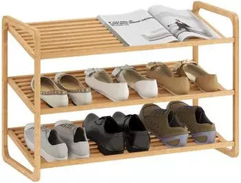 HomCom Schuhregal 3 Ebenen Bambus, 12 Paar, 76x33x50,8cm (800001126584)