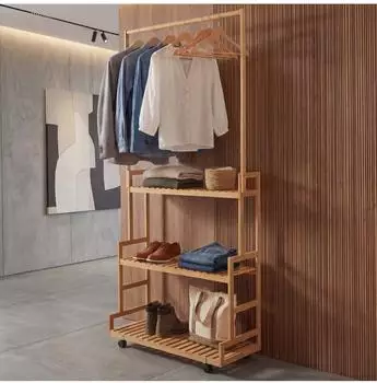MCW Standgarderobe Q33 Bambus, Stange 3 Ablagen Rollen, 175x93x38cm (MCW-Q33)
