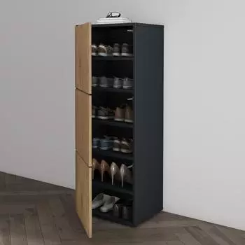 Mai & Mai Schuhschrank02 schmal, 3 Türen, 6 Fächer, 45x36x120cm, anthrazit/Kerneiche (Schuhschrank02)
