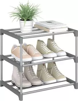 Woltu Schuhregal schmal, 3 Ebenen, Metall, grau (W0ITT6063)