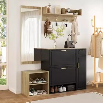 OKWISH Garderoben-Set mit Schuhschrank, Sitzbank, Wandgarderobe & Spiegel, 139x35x166cm, schwarz (B139.5/D35/H166)