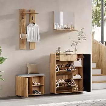 Stilvora Garderoben-Set mit Spiegel, Schuhbank & Schuhschrank, 140×35×139cm (QTEM3J4FRW3G)