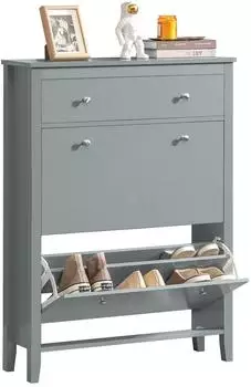 SoBuy FSR89 Schuhschrank mit 2 Klappen und Schublade, hellgrau, 80x108x25cm (FSR89-HG)