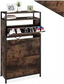 TecTake Schuhschrank Braddock Industrial Holz dunkel, 3 Klappen, 61x32x130cm