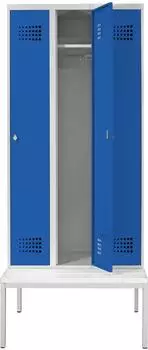 STIER Garderobenspind Premium mit Sitzbankuntergestell, 3 Abteile, Drehriegel, lichtgrau/enzianblau (906108)