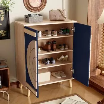OKWISH Schuhschrank mit geometrischen T&uuml;ren, Spanplatte, blau/natur, 76x98,5x37cm