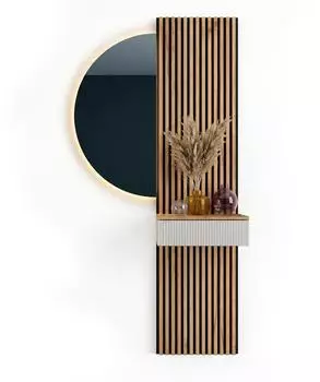 Planetm&ouml;bel AMYRA Garderoben-Set 50cm, LED-Spiegel NIVORA halbrund, Akustikpaneele, gold eiche/wei&szlig;