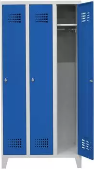 STIER Garderobenspind Premium mit F&uuml;&szlig;en, 3 Abteile, Drehriegel, lichtgrau/enzianblau (906096)