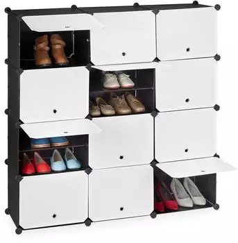 Relaxdays Schuhschrank Stan, W&uuml;rfelregal 24 F&auml;cher, schwarz-wei&szlig;, Kunststoff/Metall, 125x125x32cm
