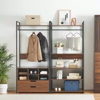 en.casa Larem Garderobenständer 2er-Set, 2 Schubladen, 6 Fächer, Walnussoptik