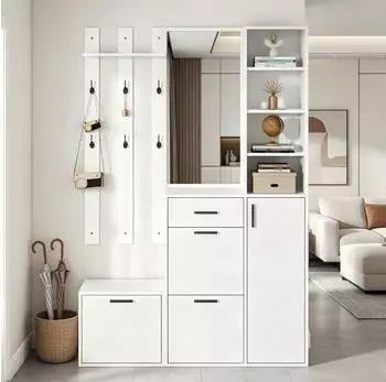 OKWISH Garderoben-Set mit Spiegel, 6 Haken & 3 Klapp-Schuhschr&auml;nken, wei&szlig;, 120&times;178&times;30cm