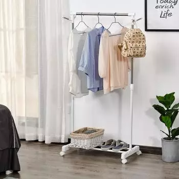 HomCom Kleiderst&auml;nder h&ouml;henverstellbar mit Kleiderstange, Haken & Regal, Metall, wei&szlig;
