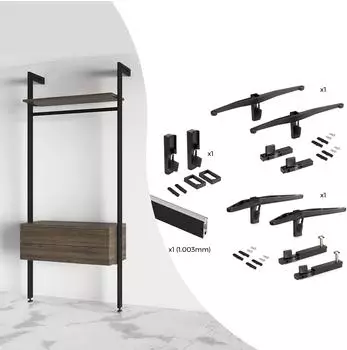 Emuca Halterungsset f&uuml;r 1 Holzregal, 1 Modul und 1 Kleiderstange, L&auml;nge 1m, Zamak, schwarz texturiert (7022454)
