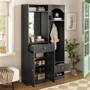 Stilvora Kompaktgarderobe mit Spiegel, Sitzbank & LED-Beleuchtung, 100x180x35cm, schwarz