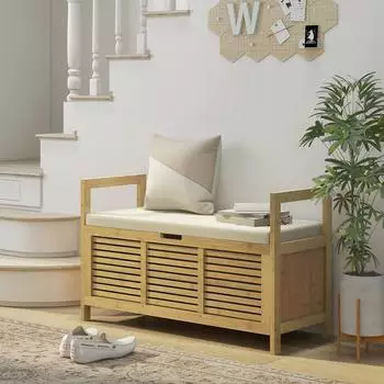 HomCom Schuhbank mit Klappdeckel, Bambus, natur (100x60x40cm)