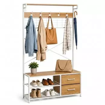 Relaxdays Garderobenst&auml;nder 4-in-1 mit Schuhregal, Schubladen & Haken, 176x80x30cm, natur/wei&szlig;