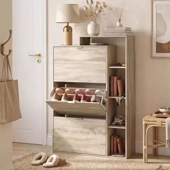 HomCom Schuhschrank mit 3 Klappf&auml;chern und offenen F&auml;chern, schmal, natur