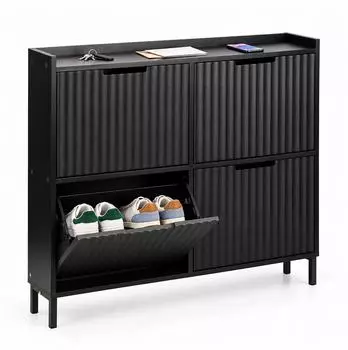 Relaxdays Schuhkipper 4 F&auml;cher, geriffelte Front, schwarz, 90x100x19cm (MDF/Metall)