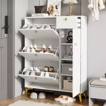 OKWISH Schuhschrank mit 3 Klappen, weiß, 90x121x25cm (MDF)