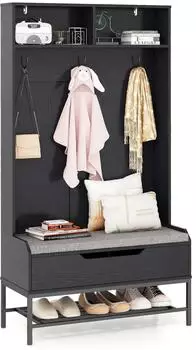 Costway 4-in-1-Garderobenständer mit Sitzbank, Schuhregal & Haken, 90x38,5x170cm (VH33683PW)