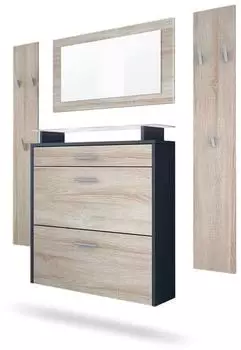 Vladon Malea Garderoben-Set mit H&auml;ngeschuhschrank, Wandspiegel & Paneelen, anthrazit/Eiche S&auml;gegrau (50026299)